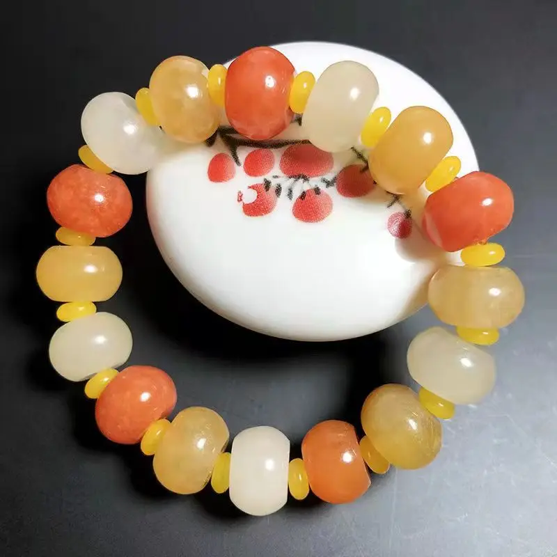Real Natural Xinjiang Golden Silky Jade Apple Bead Bracelet For Family and Friends Jewelry Accessory