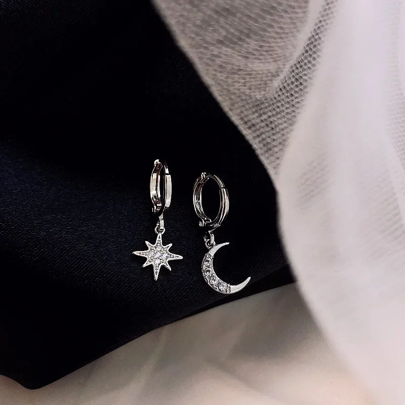 Studded Earrings Exquisite Earrings Ins Studded With Diamonds And Stars And Moon Asymmetrical Earrings Versatile Cold Style For Women