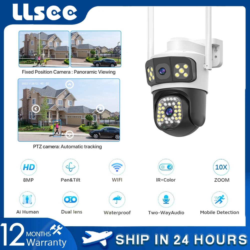

LLSEE V380 8MP 10x zoom, 4K монитор, двойной объектив, наружная камера видеонаблюдения 4G SIM-карта, беспроводная WIFI Водонепроницаемая 360 камера