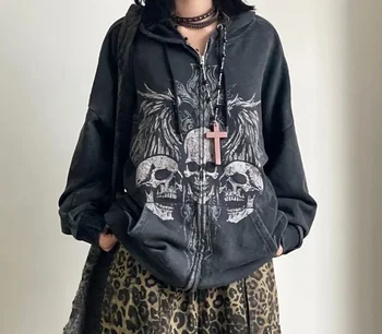 Dark Y2K Gothic style autumn and winter American retro skull print zipper hoodie couple sweater hooded coat