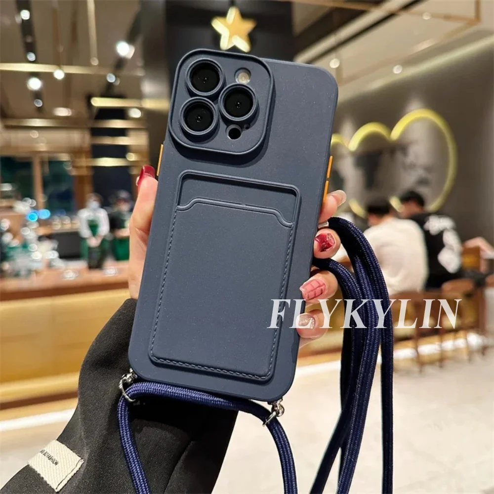 Flat Rope Solid Color Card Holder Phone Case with Soft Silicone and Hanging Rope Design