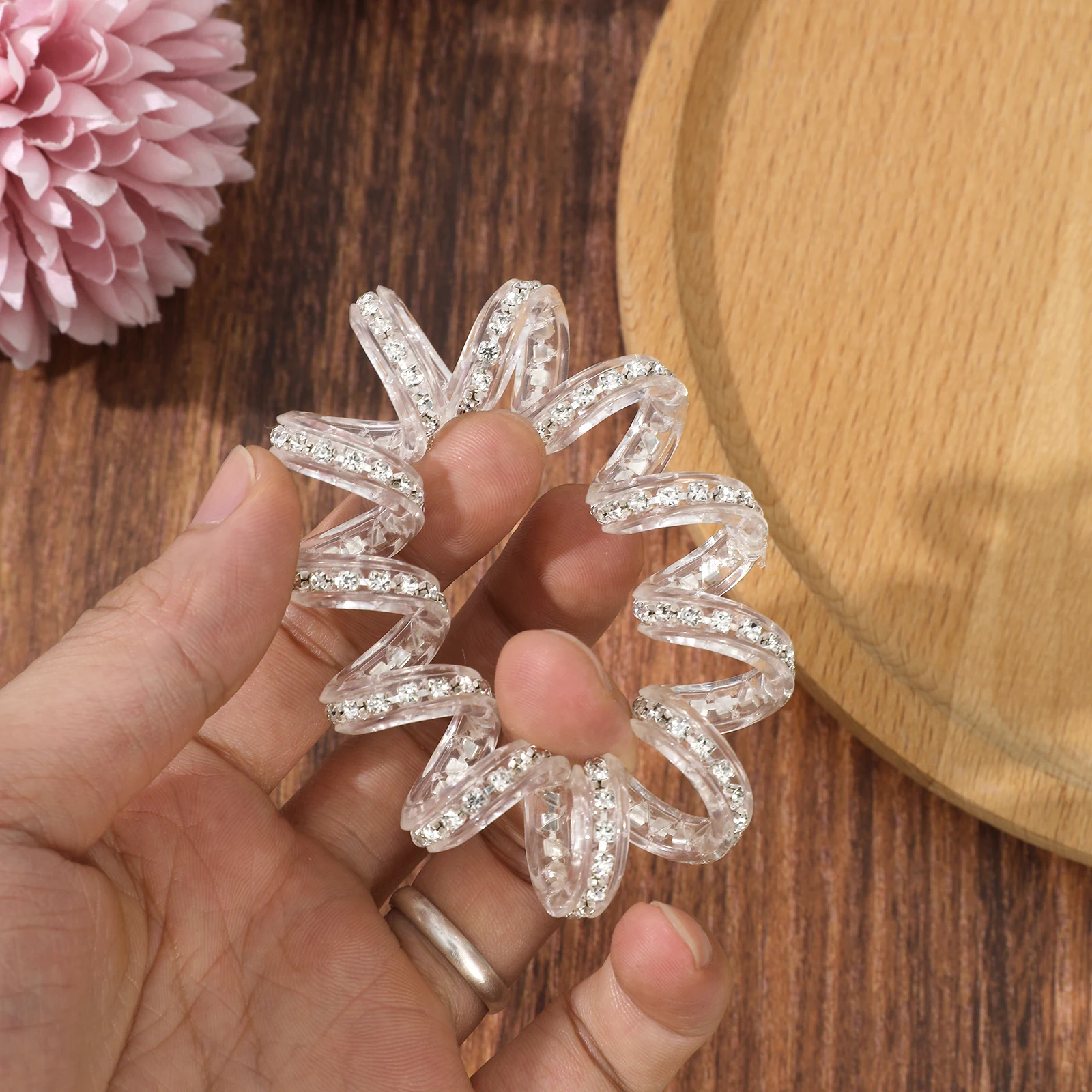 1pc Telephone Wire Elastic Hair Band Rhinestone Shiny Spiral Cord Stretch Rubber Band Hair Ties Accessories for Women Girls Kid