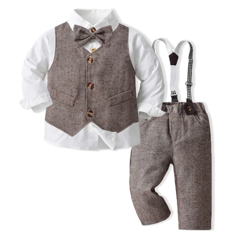 

Autumn Boy Gentleman Suit Children's Long Sleeve Cotton Shirt British Vest Suspender Pants Three-Piece Suit Fashion Style