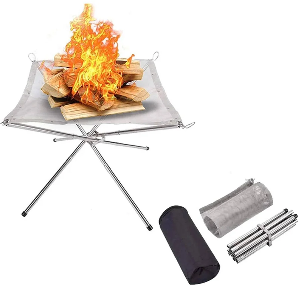 Portable Outdoor Bonfire Rack, BBQ Grill, Stainless Steel Mesh Pit Wood Stove Stand, Foldable Fire Frame Rack_voghion.com