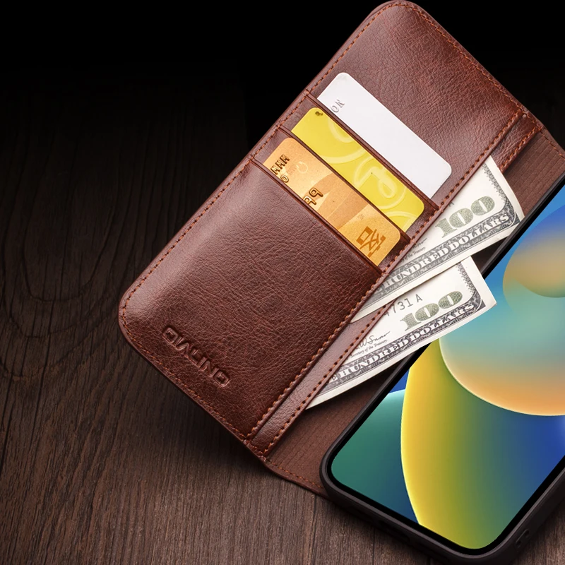 Qialino Brand Genuine Leather Flip Phone Cover For Apple Iphone 15 14 Iphone14 Pro Max Real Cowhide Case Kickstand Card Pocket