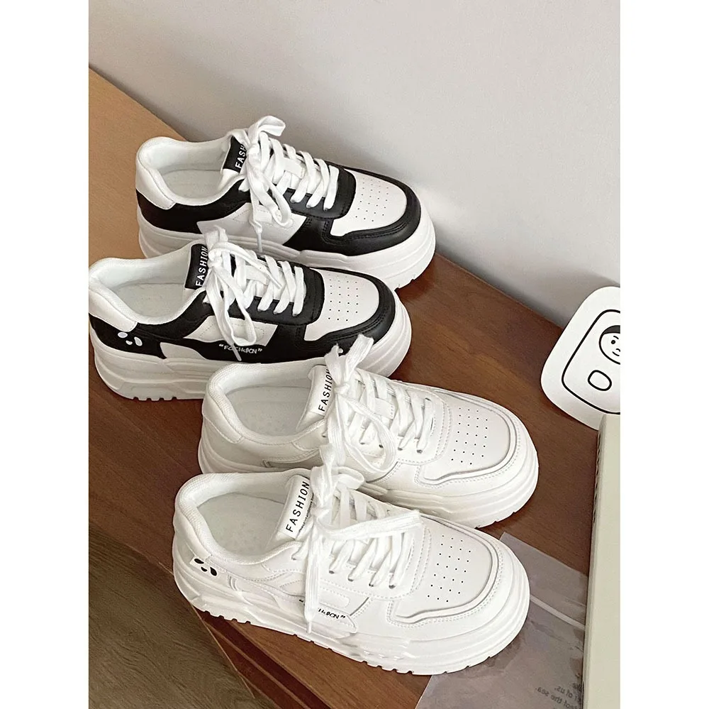 2024 Spring New Breathable Casual Women Shoes with Inner Height of 6cm Thick Sole Shoes and Leather White Sports Shoes 24-177