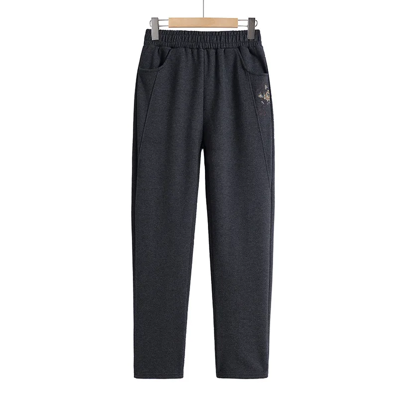 Autumn and Winter Women's Elastic Waist Solid Embroidered Bright Line Decoration Pocket Plush Thickened Harlan Fashion Pants