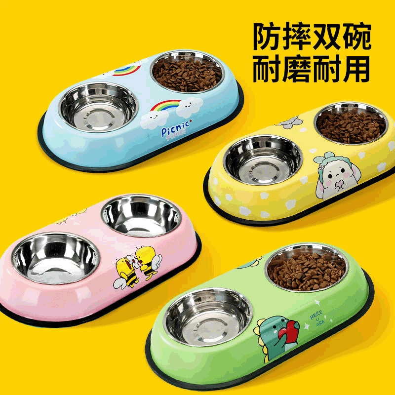 

New Cartoon Pet Stainless Steel Dog Bowl Double Bowl Dog Cat Food Bowl Cat Bowl Teddy Drinking Water Pet Dog Supplies