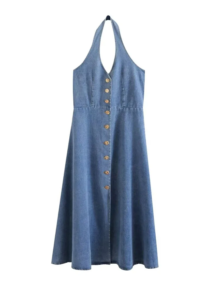 

TRAFZA-Backless Dress для женщин, сексуальная шея с лямкой на шее, однобортное, Очаровательная атмосфера, новинка, 2024 г.