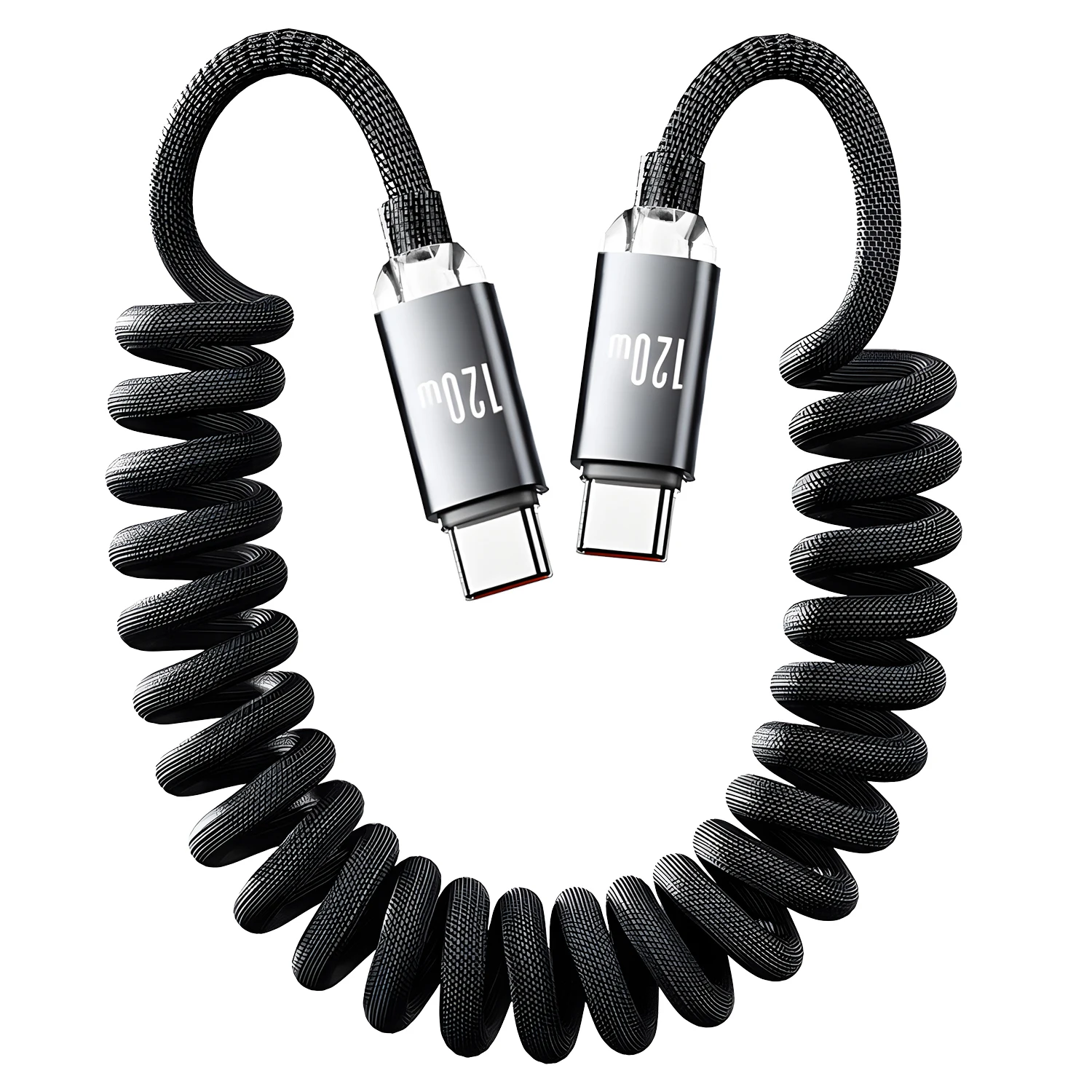 High-Power USB-C Fast Charge Spring Cable with Telescopic Car Charger