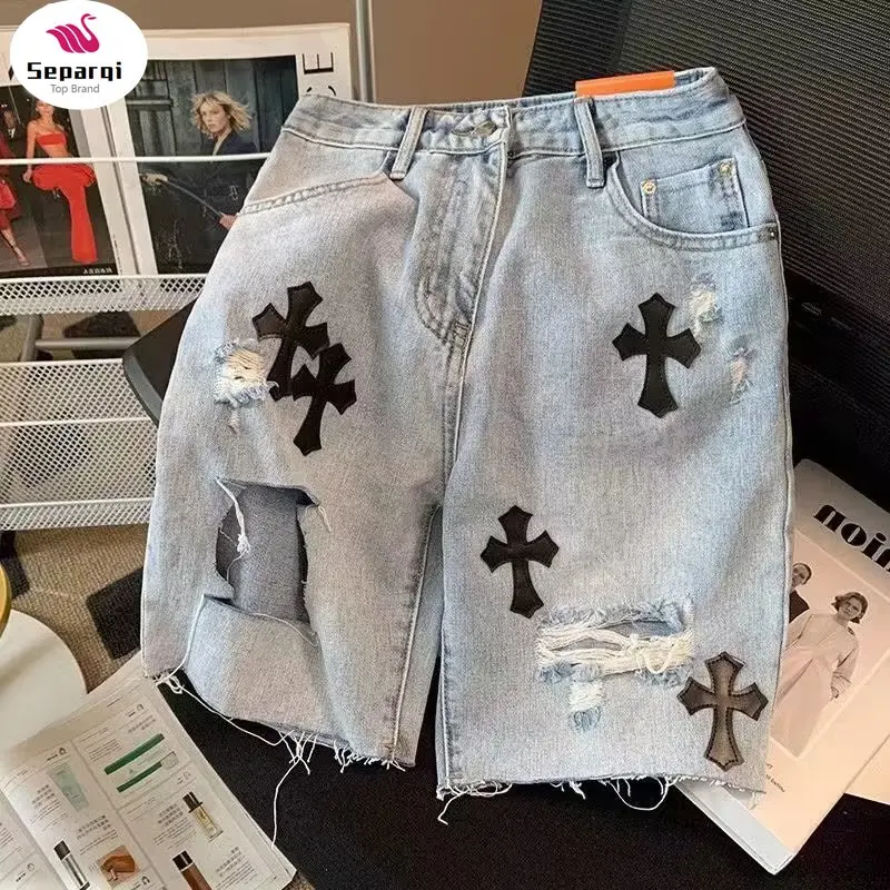 

Рваные джинсовые шорты Y2K в европейском и американском стиле, прямые свободные брюки-бойфренды в стиле Хай-стрит, хип-хоп, с широкими штанинами