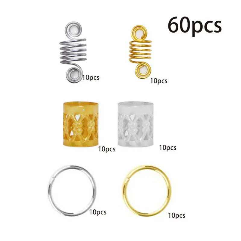 

60 Pieces Alloy Hair Coil Dreadlocks Braid Rings Metal Cuffs Gold Silver Twisted