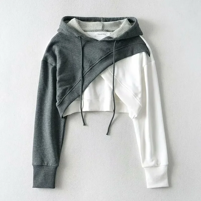2024 Women Street Style Irregular Stitching Purple Hooded Pullover Woman Fall New Contrast Color Cropped Top Female Korean Tops