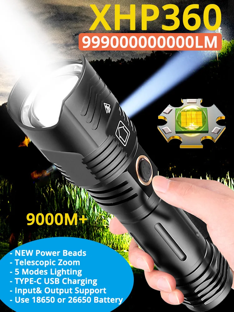 

999000000LM Portable LED Flashlight High Power XHP360 Zoomable LED Torch USB Rechargeable Waterproof Lantern For Camping Fishing