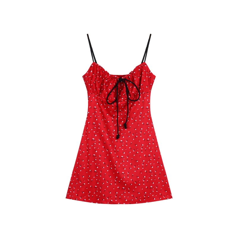 

Red Seaside Vacation Style Floral Slip Dress Dress Women's Summer Tight Waist Slimming Lace up Skirt