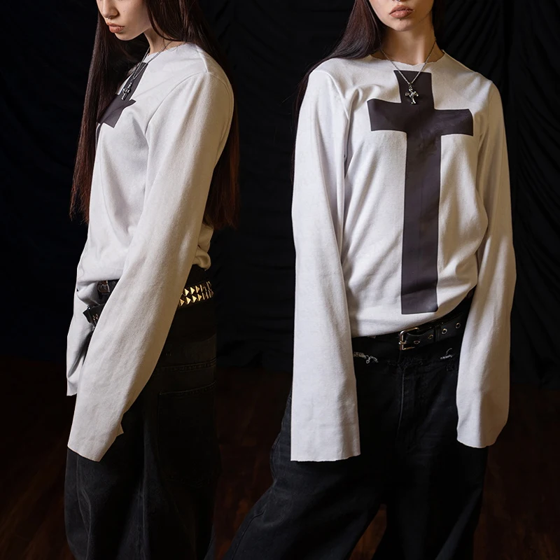 Harajuku Aesthetics Gothic Cross Print Punk Girls' Long Sleeve T-shirt Sexy and Unique Printed Casual Top Y2K Women's Street 2