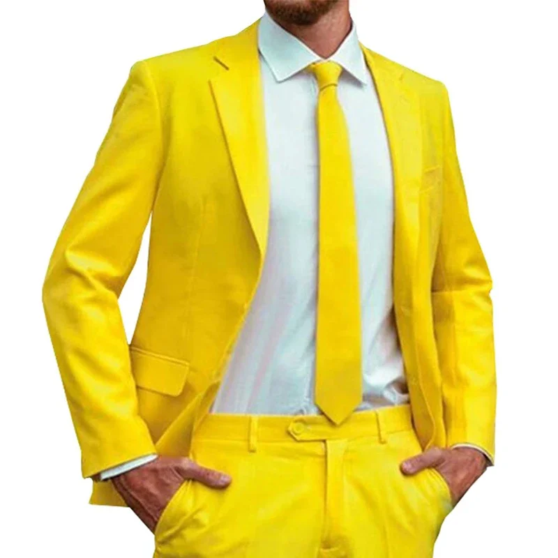 Yellow Casual Men Suit For Prom 2 Piece Slim Fit Groomsmen Tuxedo With Notched Lapel Wedding Male Fashion Blazer Pants