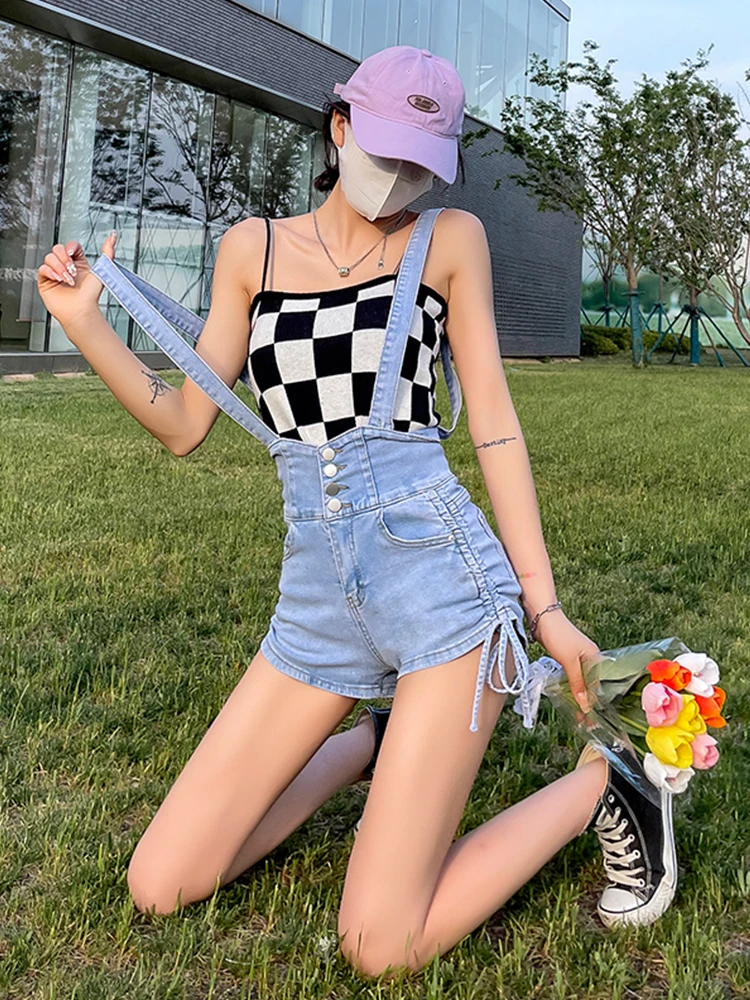 

FTLZZ Summer Women Spaghetti Strap Empire Slim Denim Overalls Lady Casual High Street Drawstring Denim Shorts