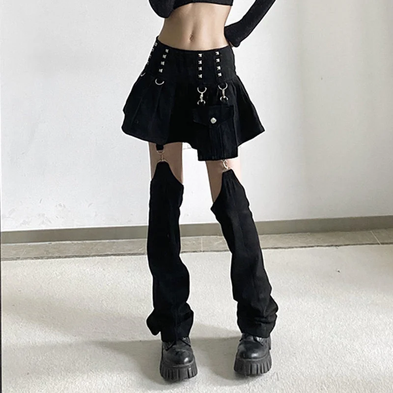  Retro Hollow Out Pants Y2k Buckle Splicing Hollow Traf Jeans Skirt Pants Women's Pants Personality Spicy Girl Dance Pants Skirt