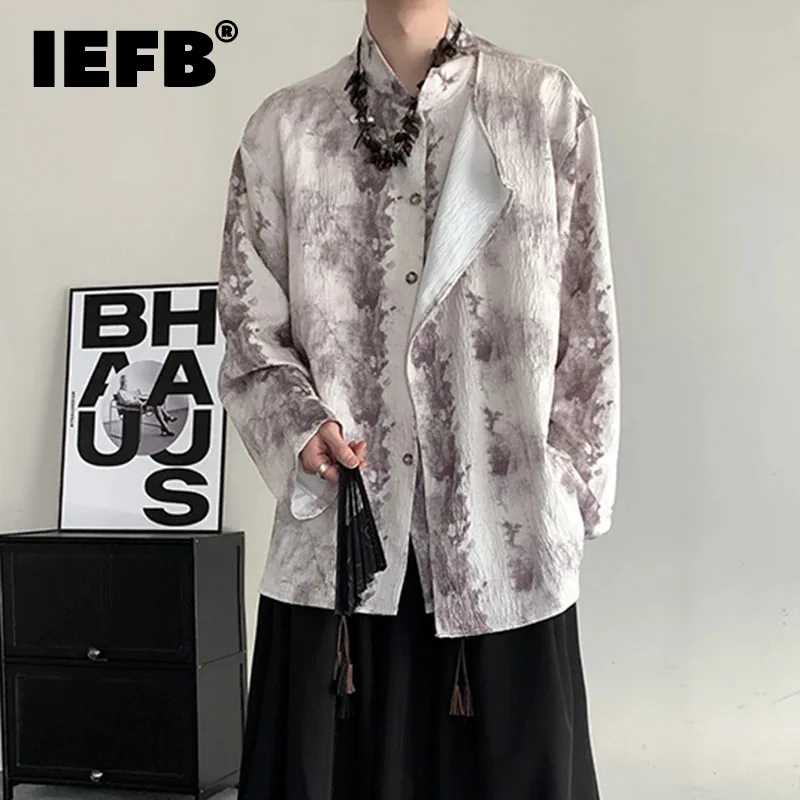 

IEFB Jacquard Montage Shirt Men's Long Sleeve Stand Neck Printing New Chinese Style Single Breasted 2024 Summer Trend 9C5275