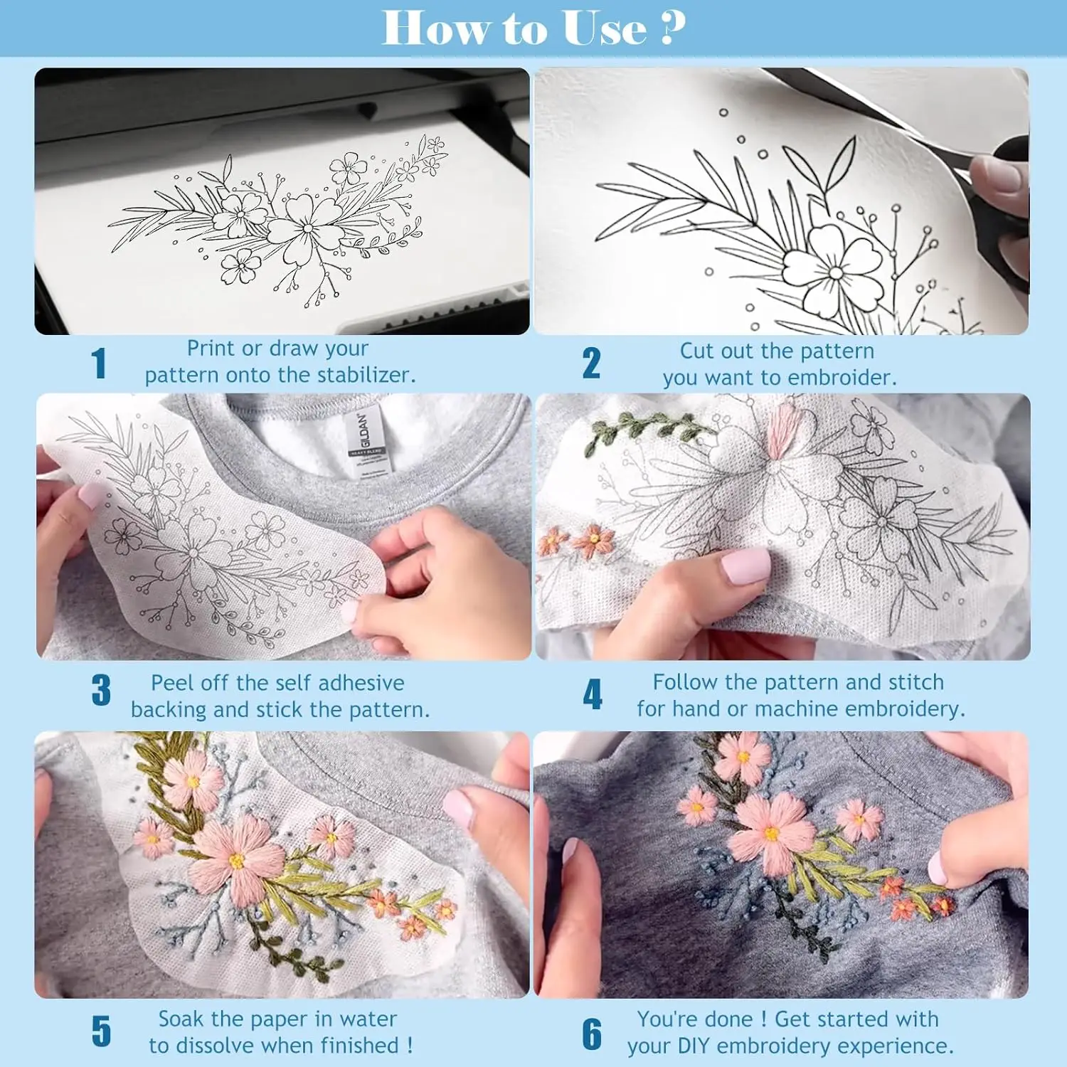 5PCS A4 스티키 수용성 자수용 인쇄 가능 워시 어웨이 페이퍼 (손/기계 자수용 DIY 공예 자수 전사지)