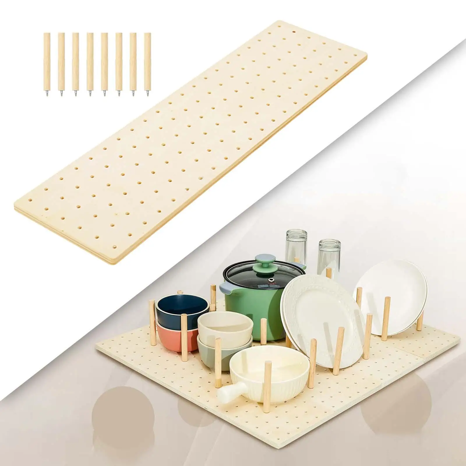 Wood Pegboard Drawer Organizer Plate Holder Sturdy Organization Kitchen Drawer Plate Organizer for Bowls Pot Dishes Tableware