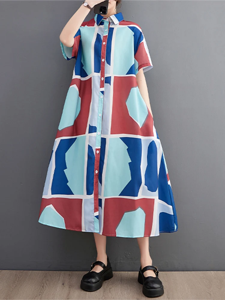 2025 Spring Summer New Vintage Print Shirt Dresses For Women Short Sleeve Loose Casual Midi Dress Robe Fashion Elegant Clothes