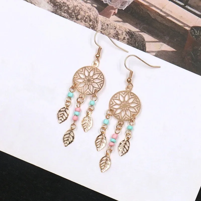 Retro Bohemian Gypsy Earrings Vintage Ethnic Golden Leaf Dangle Drop Earrings Hanging for Women Female Jewelry Accessories