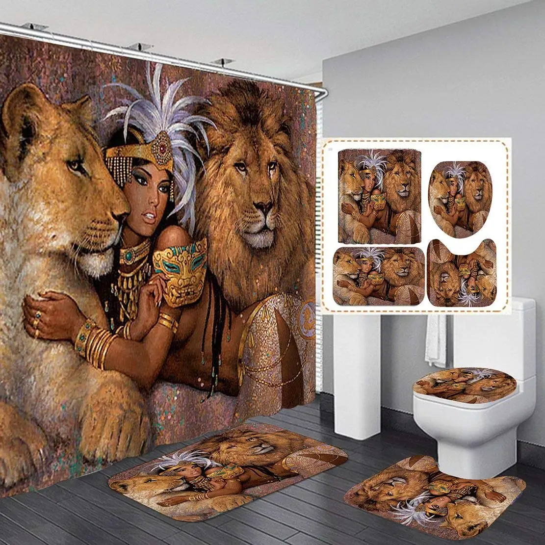 

Fashion Lion African Woman Shower Curtain Set Bathroom Curtain Set Afro Egyptian Lady Waterproof Bath Rugs Bath Mat Home Decor