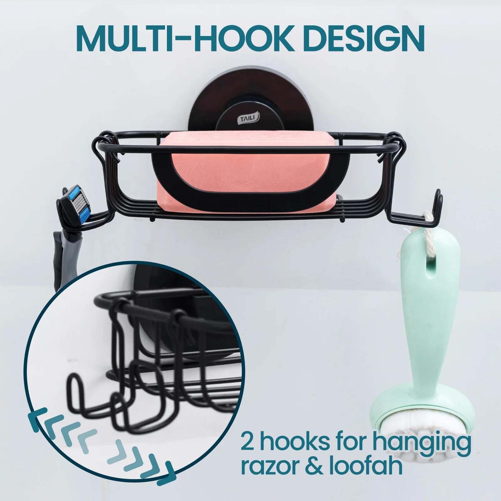 TAILI Soap Dish Bar Soap Holder Suction Cup With Hooks, Soap Bar Holder for Shower Wall, Soap Saver Tray for Bathroom, Kitchen 6