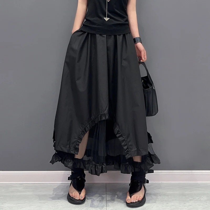 Mesh Hem Patchwork New 2023 Summer Woman Solid Black Long Skirt