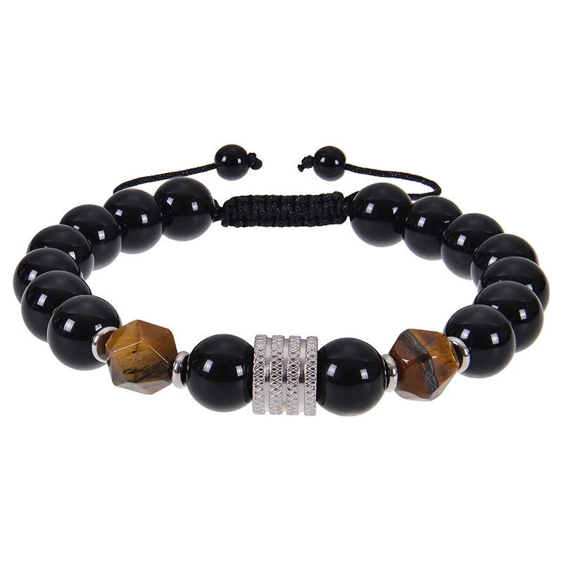 Raicegs Men's Bracelet Set - Stainless Steel Cuban Link & Beaded Gemstone Bracelets With Initial Charm