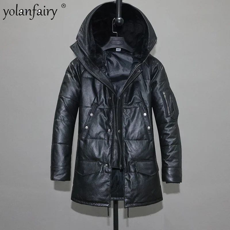 

Men's Down Jacket Thick Warm Calf Genuine Leather s for Men Coats Slim Fit Medium Long Hooded Winter Heavy Jaquetas