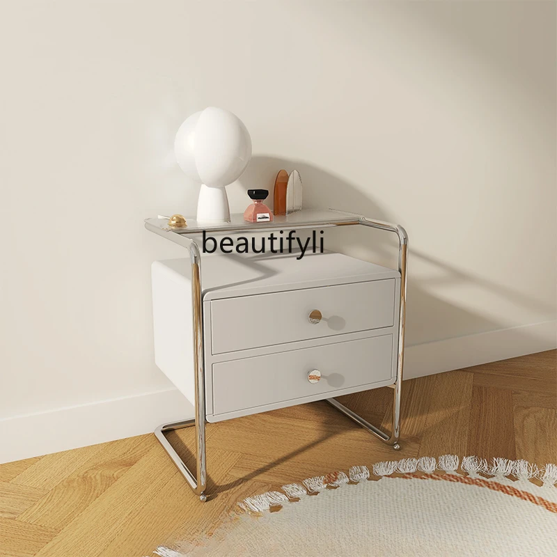 

Stainless Steel Bedside Table Light Luxury and Simplicity Modern Tempered Glass Mid-Ancient Storage Rack