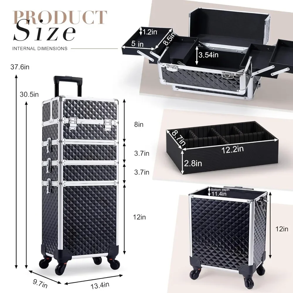 Rolling Makeup Train Case Large Storage Cosmetic Trolley with Key Swivel Wheels 4 in 1 Large Capacity Trolley Makeup Travel Case 2