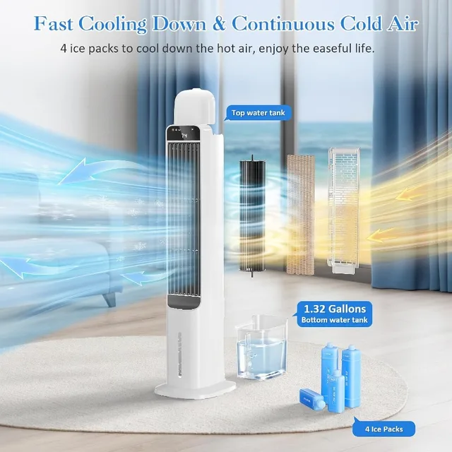 Portable Windowless Air Conditioner with Remote Control, Evaporative Air Cooler with 4 Ice Packs, 12H Timer, 50° Oscillation 2