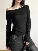 Femmes automne à manches longues Slash cou culture hauts élastique Sexy mince dos nu T-Shirts femme nouvelle mode à lacets haut rigide T-Shirts 1