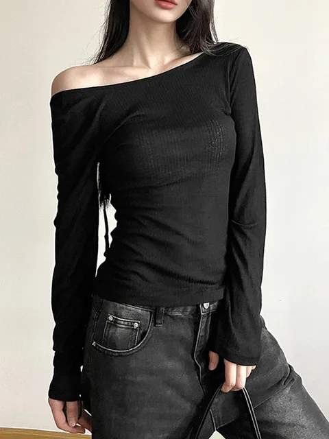 Femmes automne à manches longues Slash cou culture hauts élastique Sexy mince dos nu T-Shirts femme nouvelle mode à lacets haut rigide T-Shirts 1