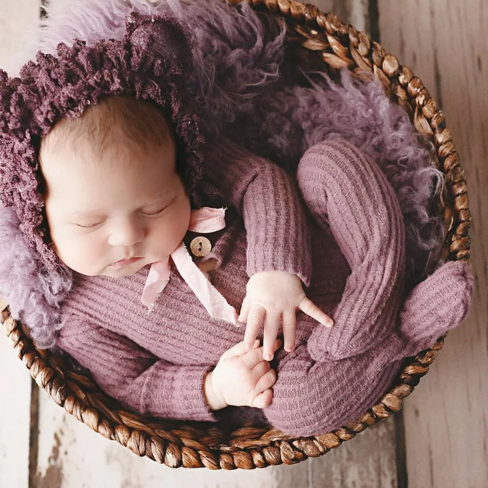 

Newborn Knit Photography Romper Vintage Button Baby Photo Prop Footed Outfit Baby Photography Clothing