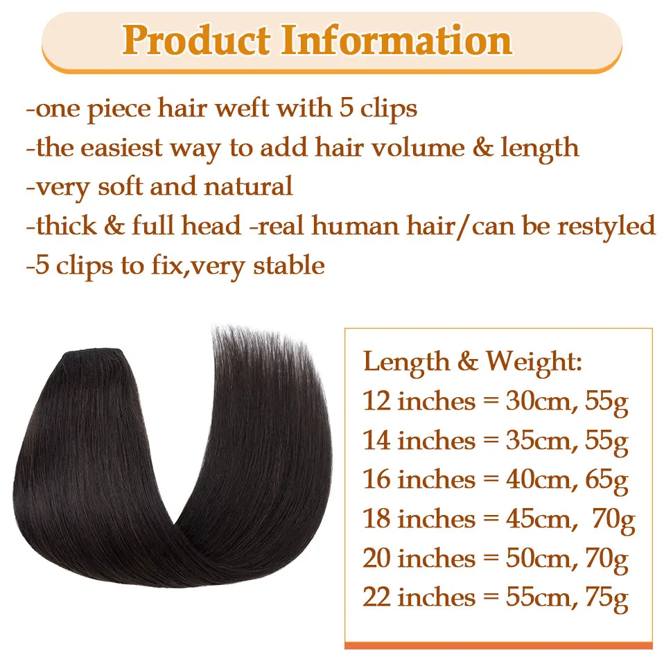 V Shape One Piece Clip In Hair Extensions Human Hair Hairpiece Clip in Seamless Weft Silky Straight For Women