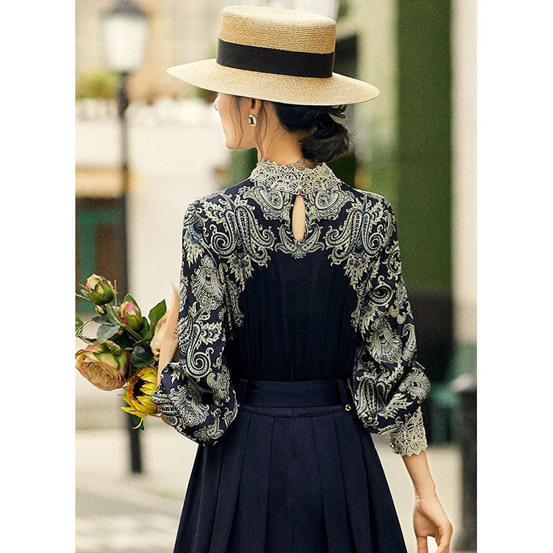 Spring Autumn Half High Collar Vintage Print Embroidery Lace Patchwork Shirt Ladies Elegant All-match Pullover Top Women Blouse