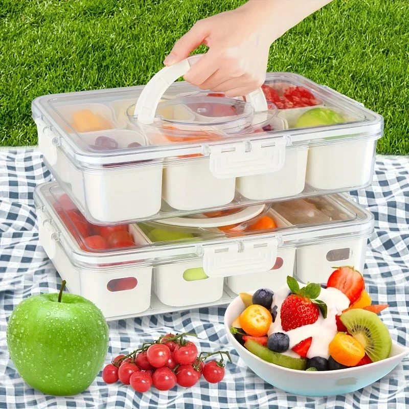 1pc Divided tray handle -8-compartment fruit container lid detachable snack box wooden serving tray plastic serving tray stainless steel food containers