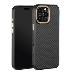 Premium Carbon Fiber Armor Shockproof Metal Frame Case with Wireless Charging Compatibility - iPhone 14 (Golden)