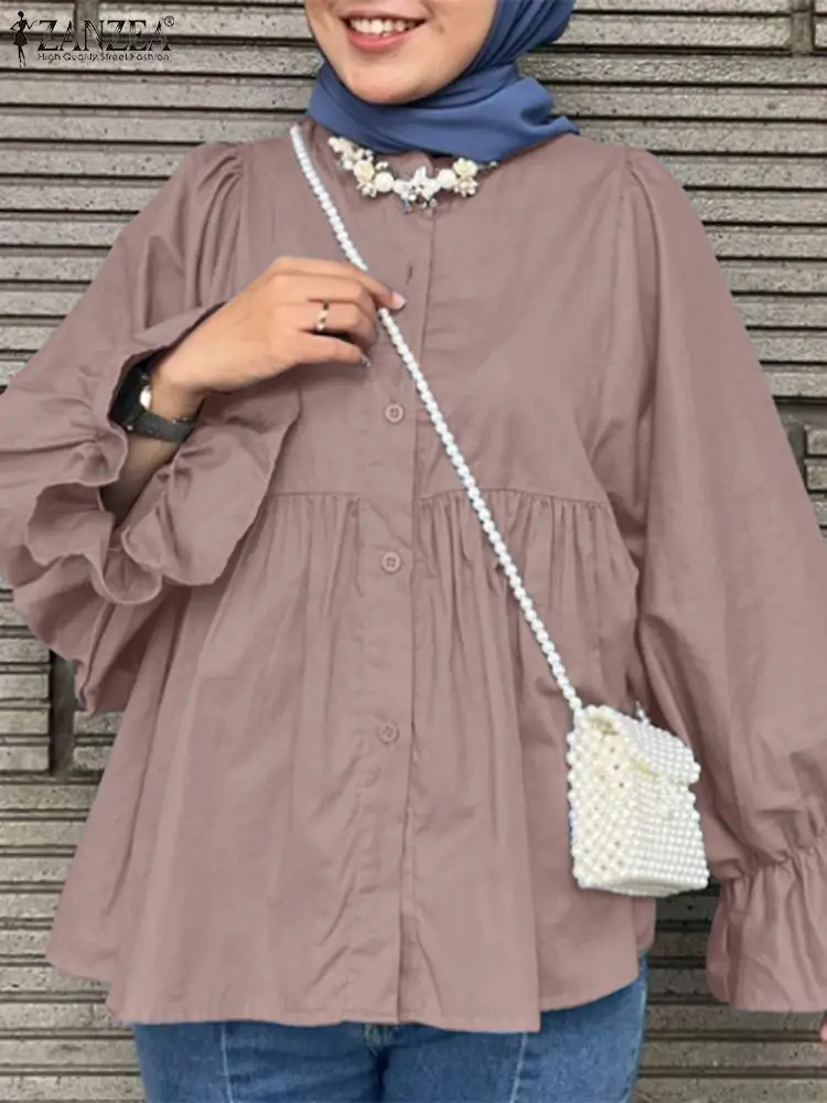 

Muslim Fashion Blouse For Women Vintage Long Flare Sleeve Solid Loose Tops ZANZEA Autumn Shirt Eid Mubarek Abaya Turkey Kaftan