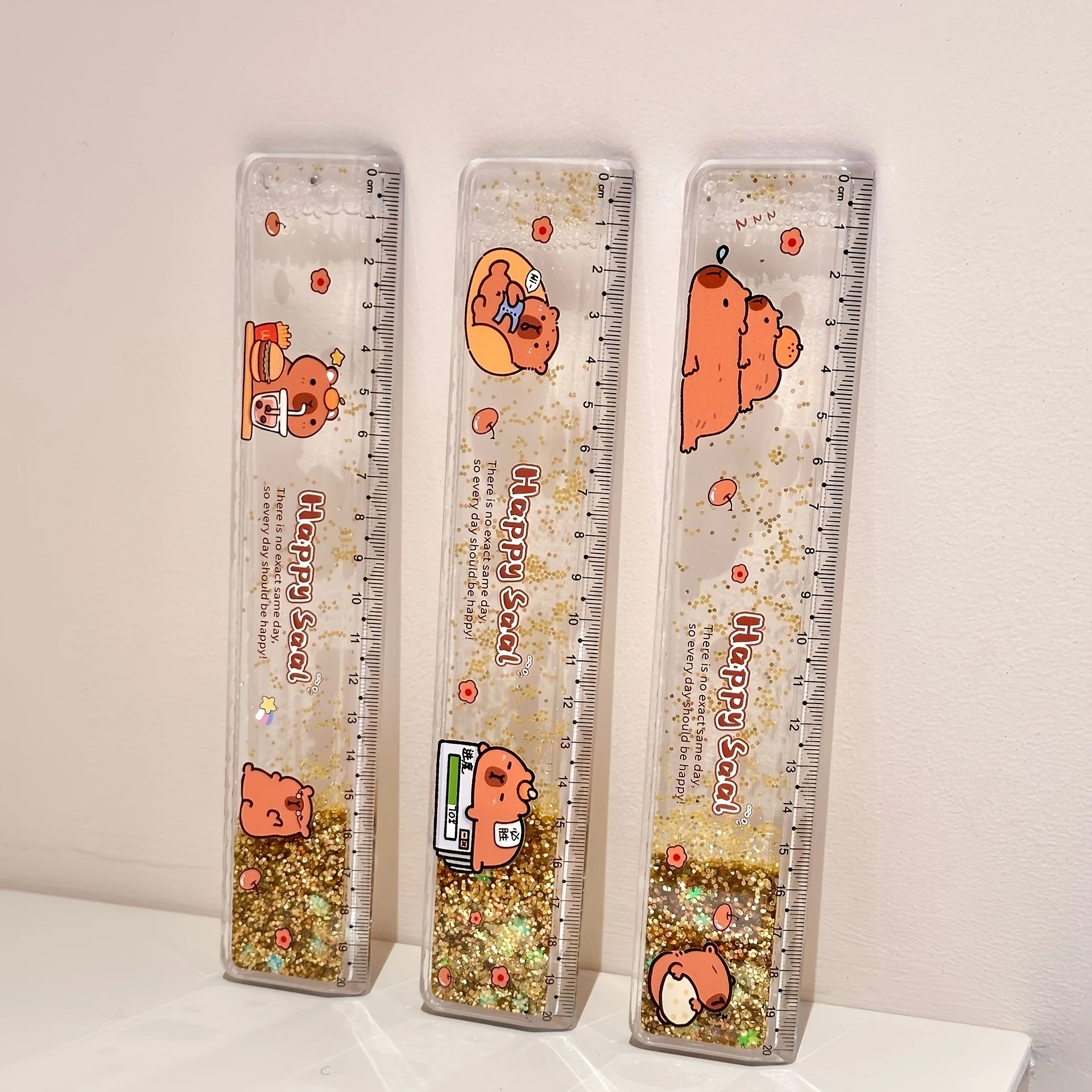 무작위 스타일의 카피바라 모양 액체 모래 자 3종 세트, 고급 아크릴 액체 모래 글리터 자, 사무실, 가정, 학습용 귀엽고 실용적인 문구류, 졸업 시즌 및 개학 시즌을 위한 귀여운 스타일