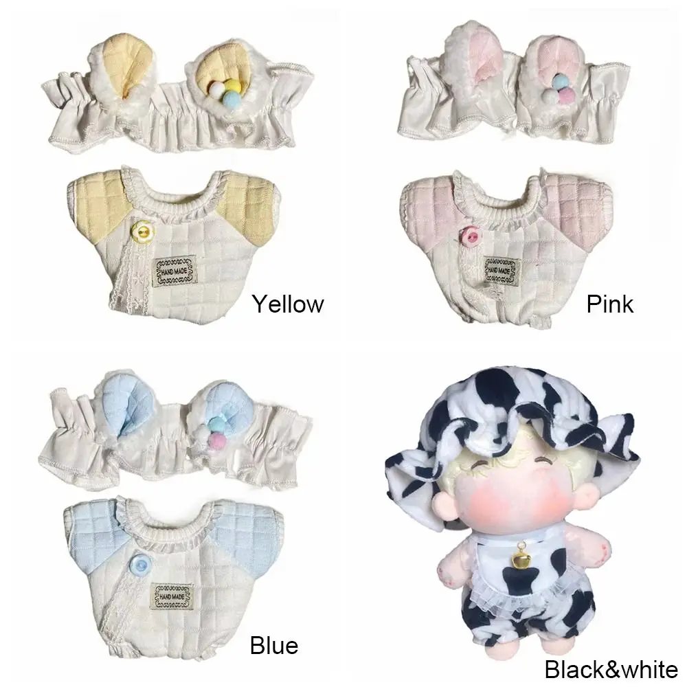 20cm Doll Clothes Jumpsuits Cap Suit Bunny Ear Headband Cow Pattern Plush Outfit Playing House Changing Dress Game Toy Accessory images - 6