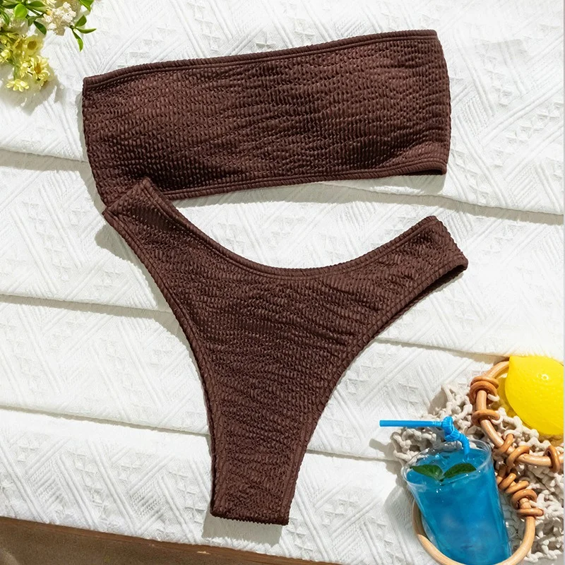 Sexy gerippte Kaffee-Bandeau-Bikini-Sets, zweiteilig, High-Waist-Tanga-Badeanzug, Bademode, Biquini, Trikini