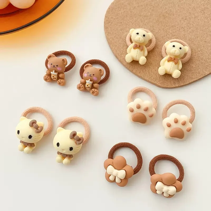 10Pcs/Set Cute Baby Girls Small Elastic Hair Rope Sweet Cartoon Bear Hair Accessories Lovely Flower Mini Scrunchies for Kids