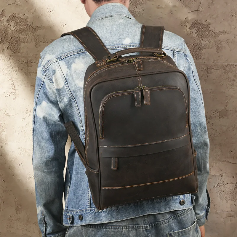 Crazy Horse Leather Backpack Men Casual Travel Bag School Bag