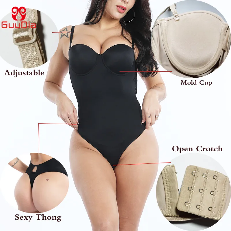 GUUDIA Women Bodysuit Body Shaper Backless Seamless Thong Shapewear Push Up Shapers Slimming Corset Build In Cup Open Crotch